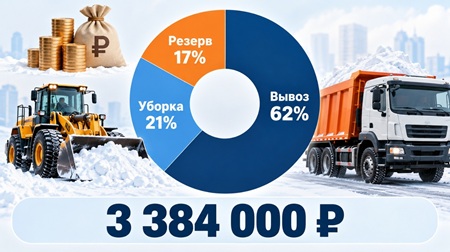 Структура условного сезонного бюджета: 2,1 млн рублей на вывоз снега, 720 тыс. рублей на механизированную уборку и 564 тыс. рублей финансового резерва