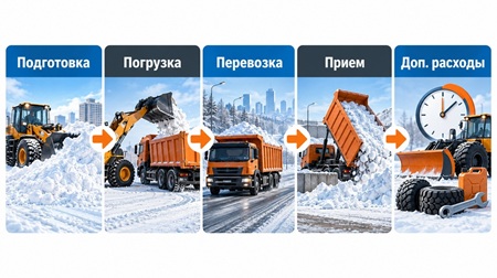 Полная стоимость вывоза снега формируется из расходов на подготовку, погрузку, перевозку, прием снежной массы и дополнительные работы.