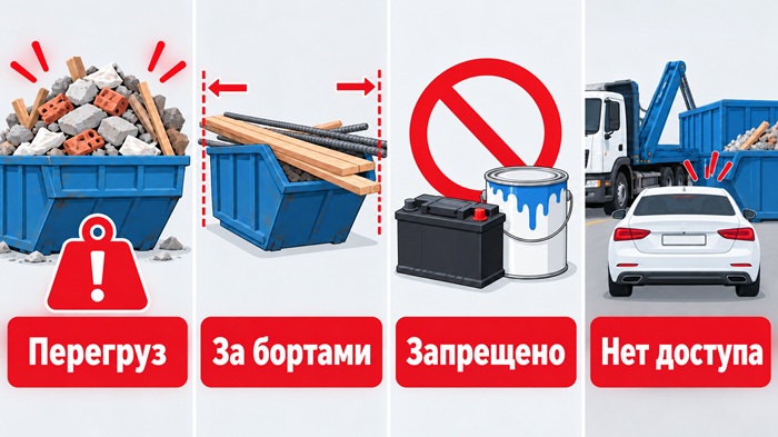 Перегруз, выступающие предметы, запрещенные отходы и перекрытый подъезд могут стать причиной отказа от вывоза.