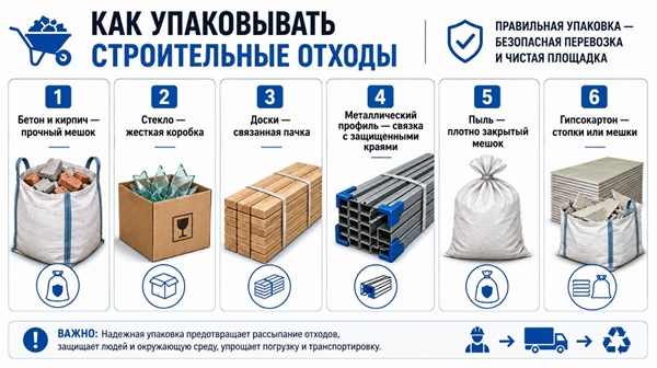 Для тяжелых, острых, пылящих и длинномерных отходов применяются разные способы упаковки
