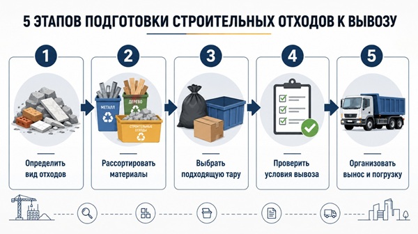 Подготовка строительного мусора включает определение вида отходов, сортировку, упаковку, проверку условий вывоза и безопасную погрузку